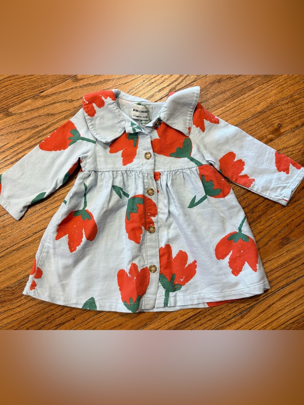 Bobo Choses 3-6M Light Blue Top with Red Floral Print